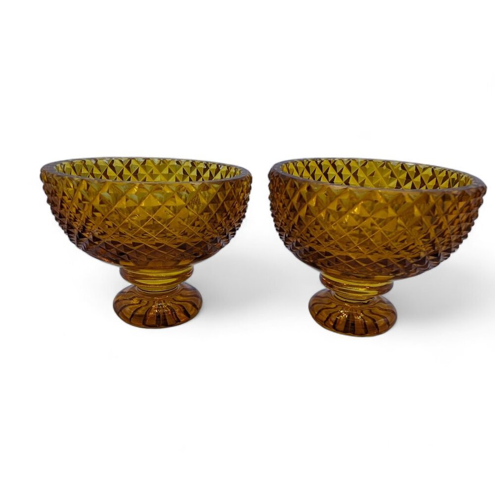 Vintage Amber Gold Glass Set of 2 Dessert Dish Cup Diamond Cut Design Bowls